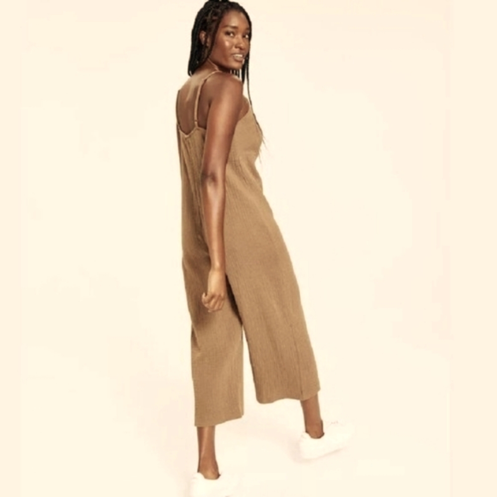 Jenni Style Not Size Missy Cropped Jumpsuit 100% Cotton Zip-Up Tobacco Tan L NWT